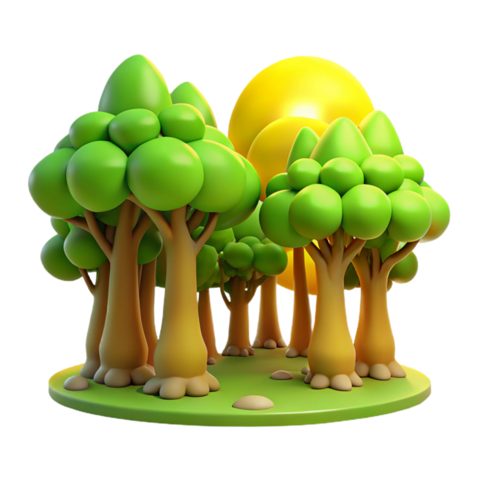 Cartoon Forest Green Trees, Sunny Day, 3D Render png