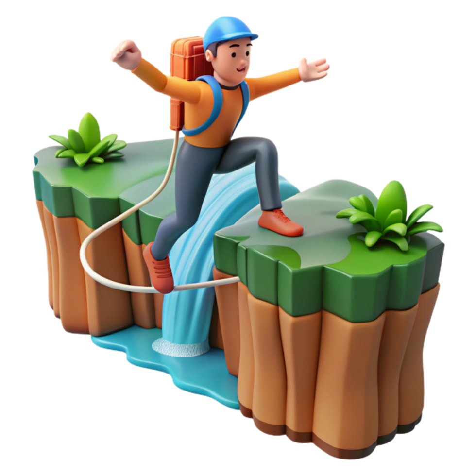 Adventurer Crossing Waterfall on Rope Bridge 3D Render png