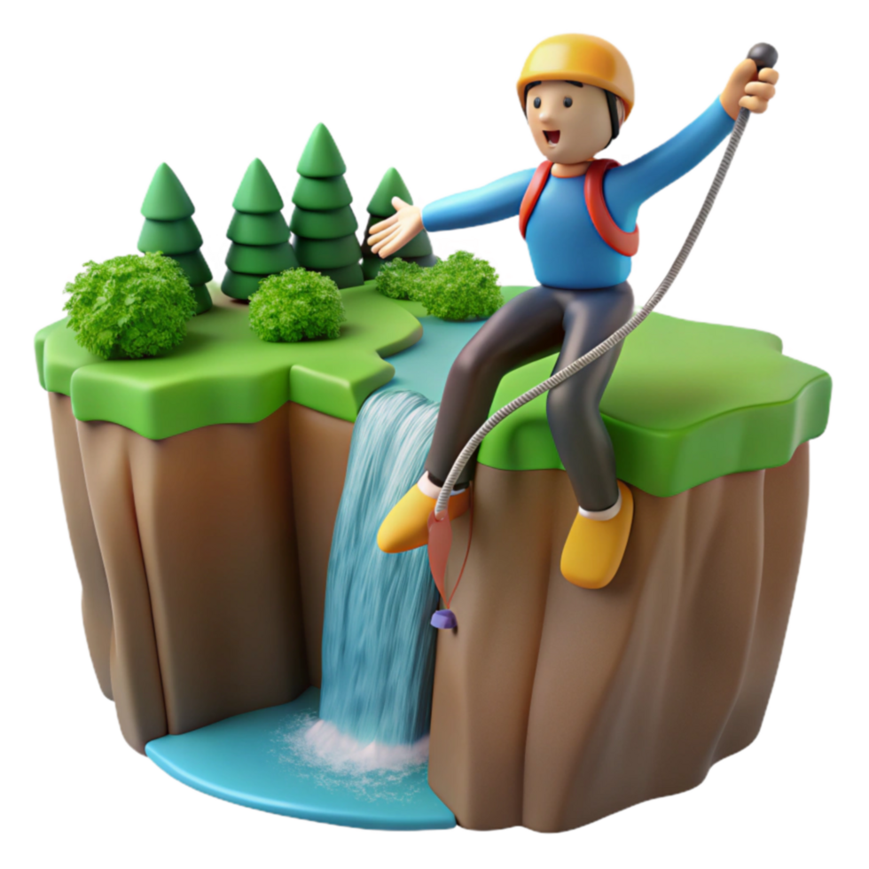 3D Cartoon Climber Rappelling Waterfall png