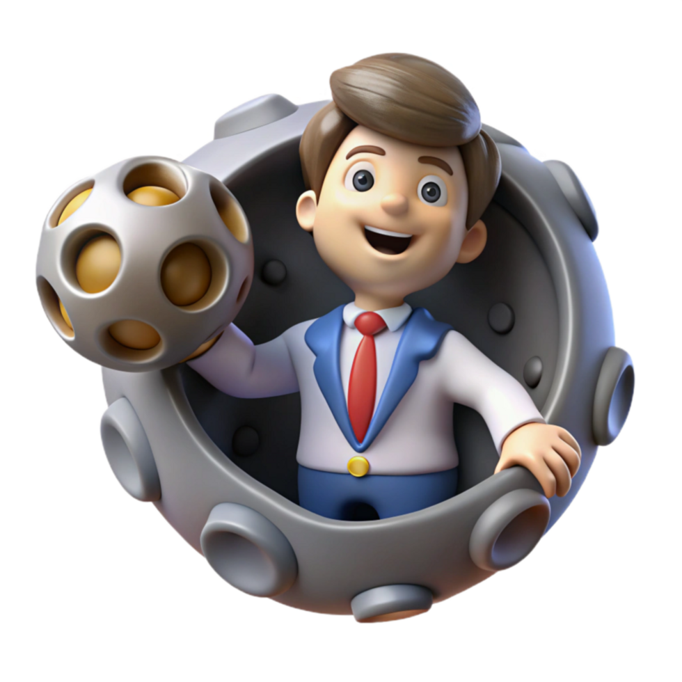 3D Boy in Moon Crater with Sphere png