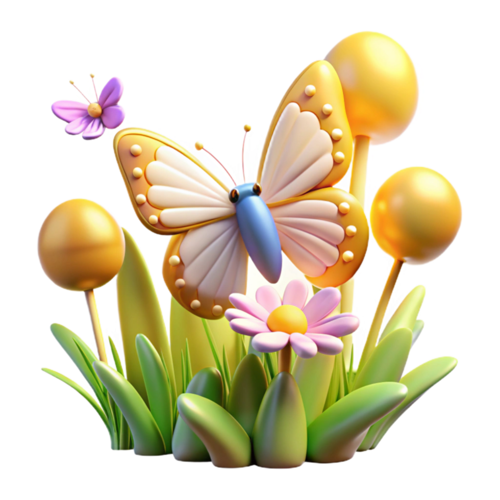 3D Render of Butterfly and Flowers in Springtime png