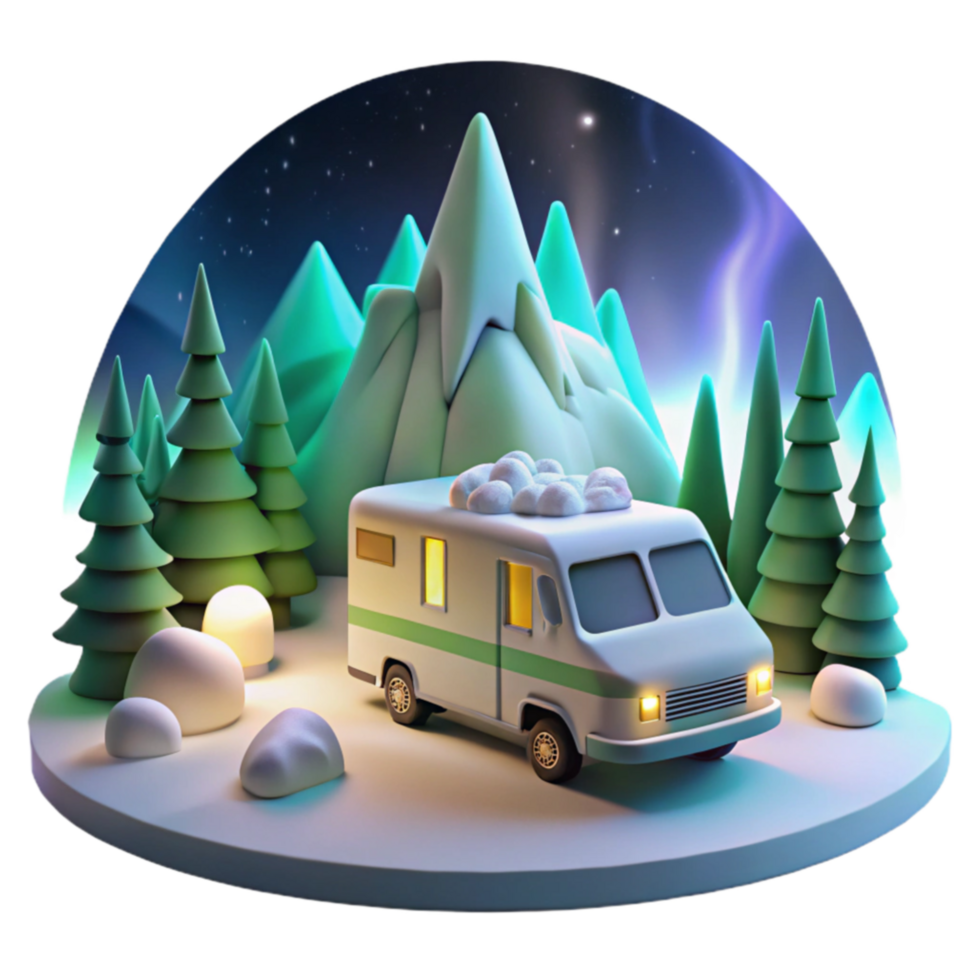 Snowy Mountain Camper Van Adventure Nighttime Aurora View png