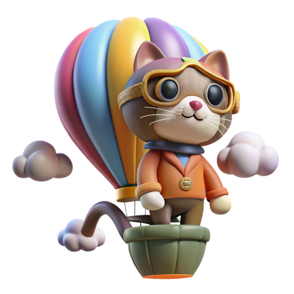 Cute Cat in Hot Air Balloon 3D Render png