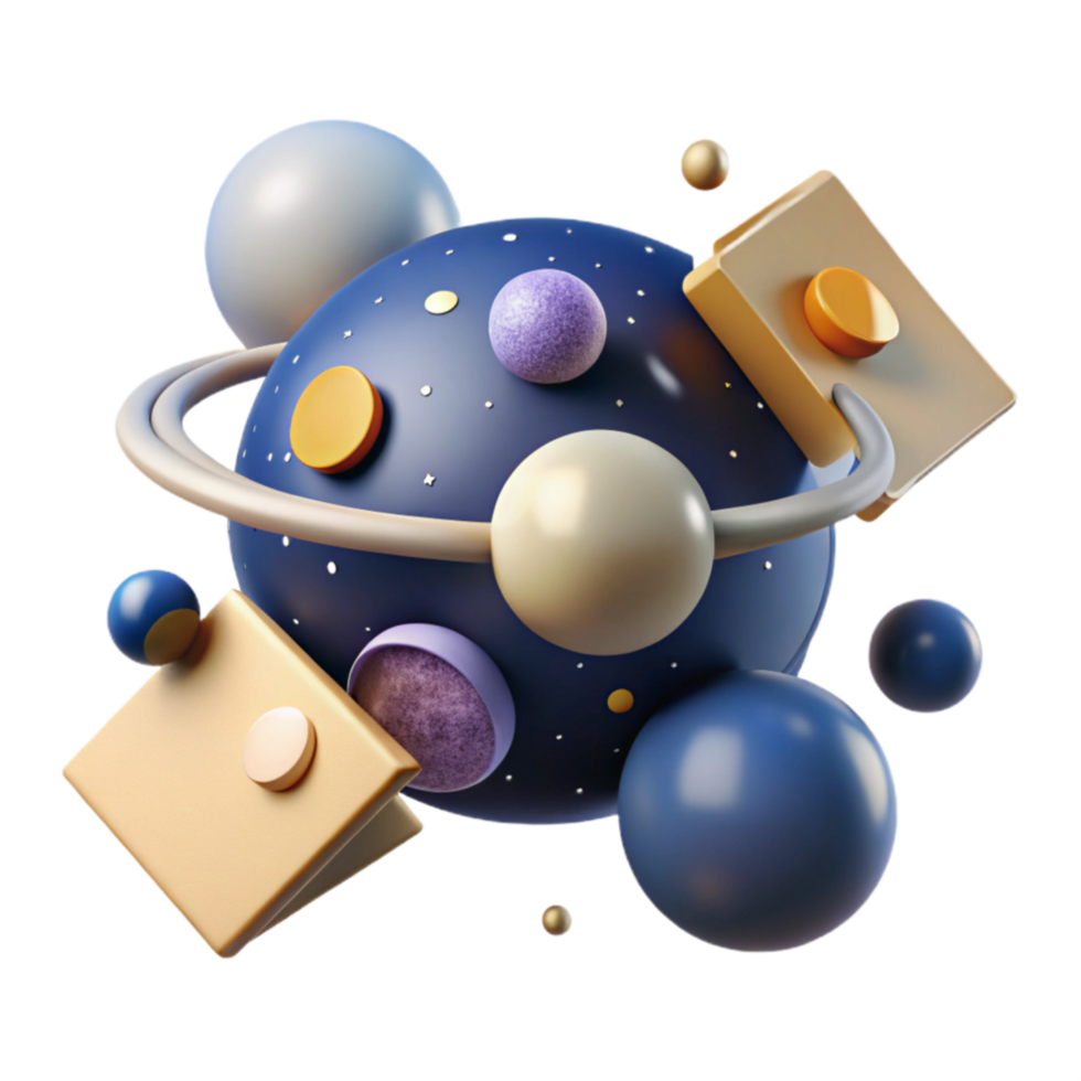 Abstract Cosmic Sphere 3D Render of Planets and Geometric Shapes png