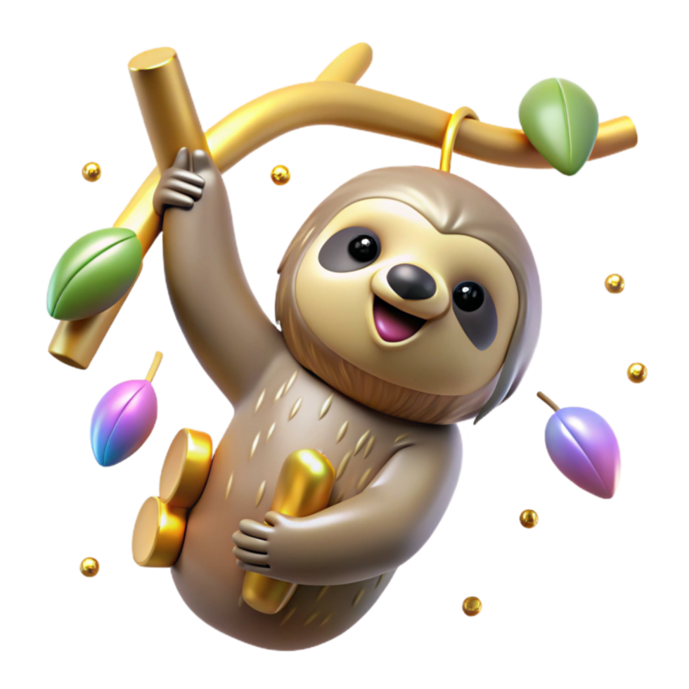 Adorable Sloth Hanging on Branch 3D Render png