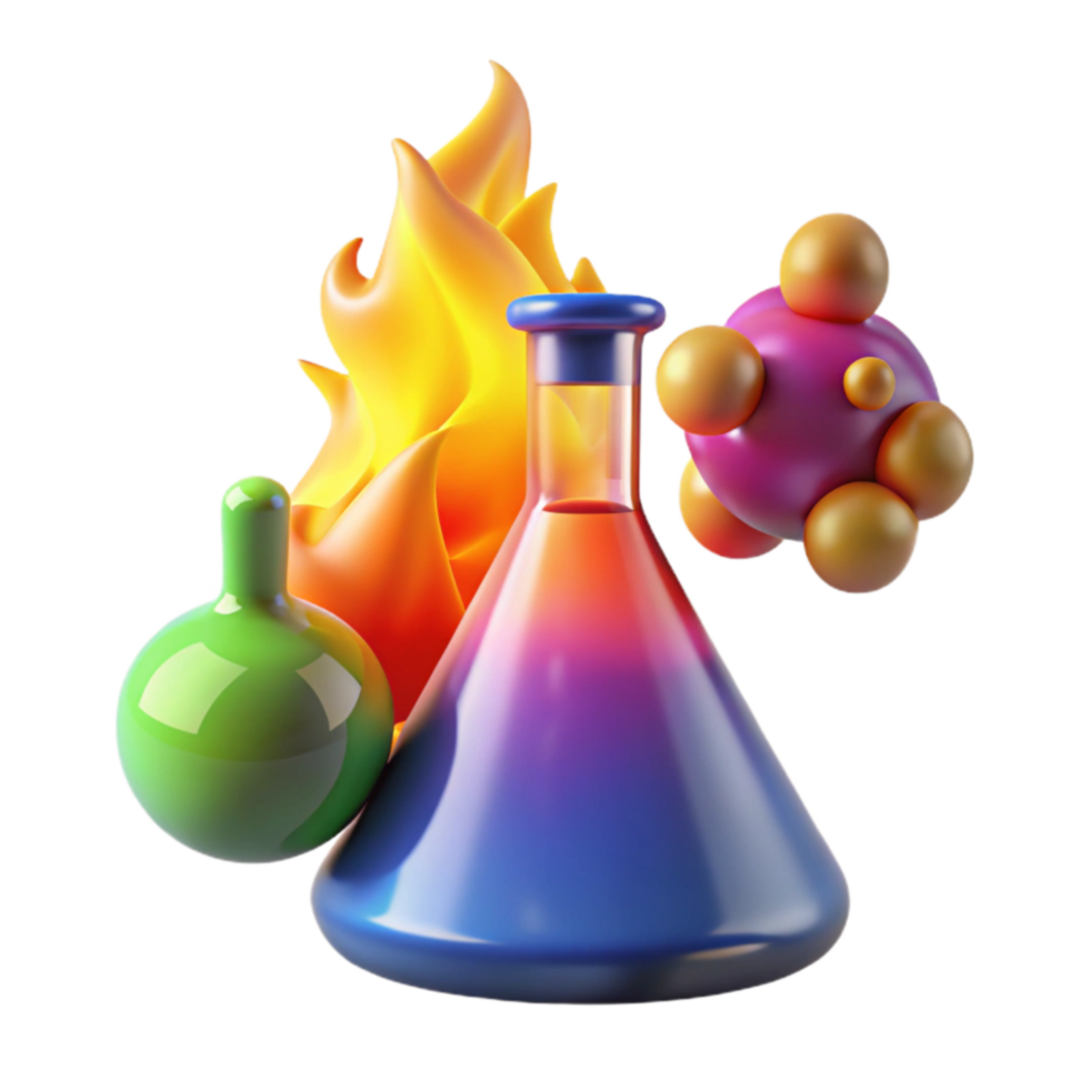 Chemistry Experiment Colorful Erlenmeyer Flask, Atoms, and Flame png