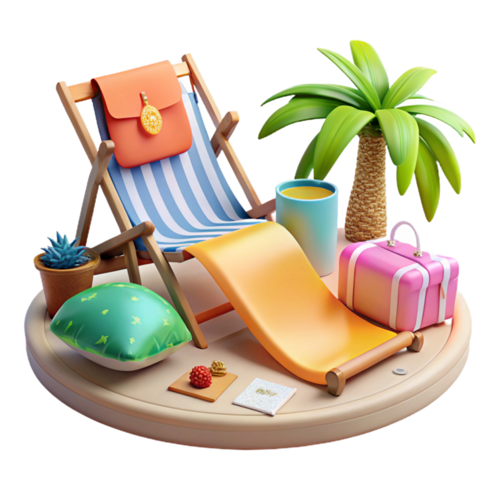 Relaxing Beach Vacation Sun Lounger, Palm Tree, and Summer Essentials png