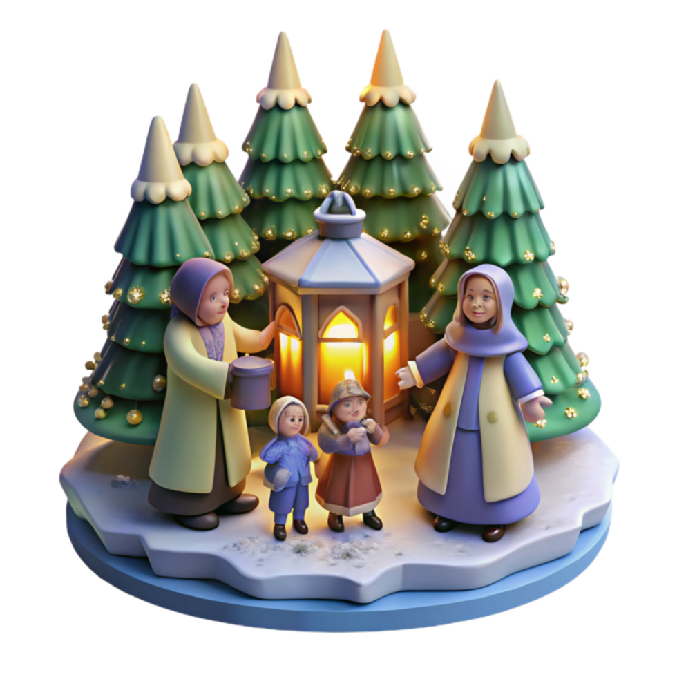 Winter Night Lantern Scene with Children and Figures png