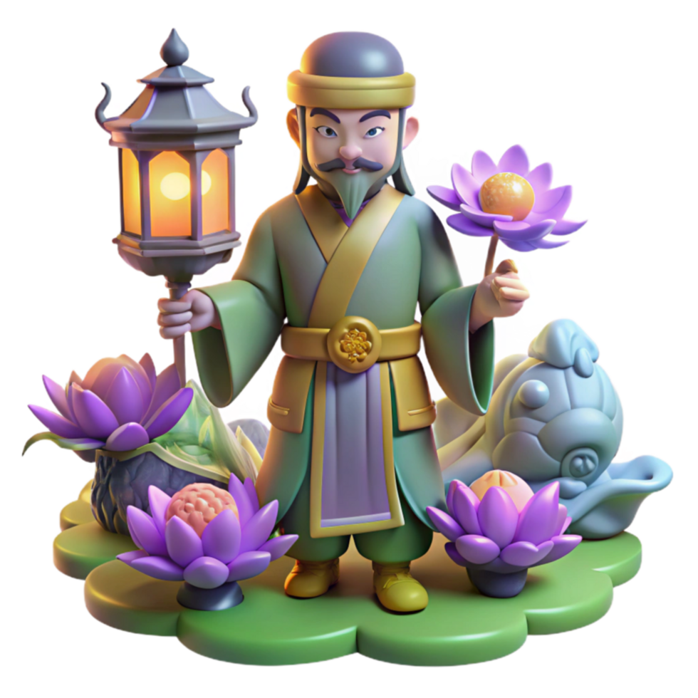 3D Render of Wise Man with Lantern and Lotus Flowers png