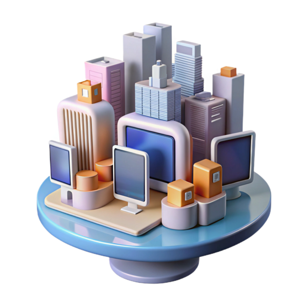 Digital Cityscape A 3D Model of Modern Technology and Urban Infrastructure png