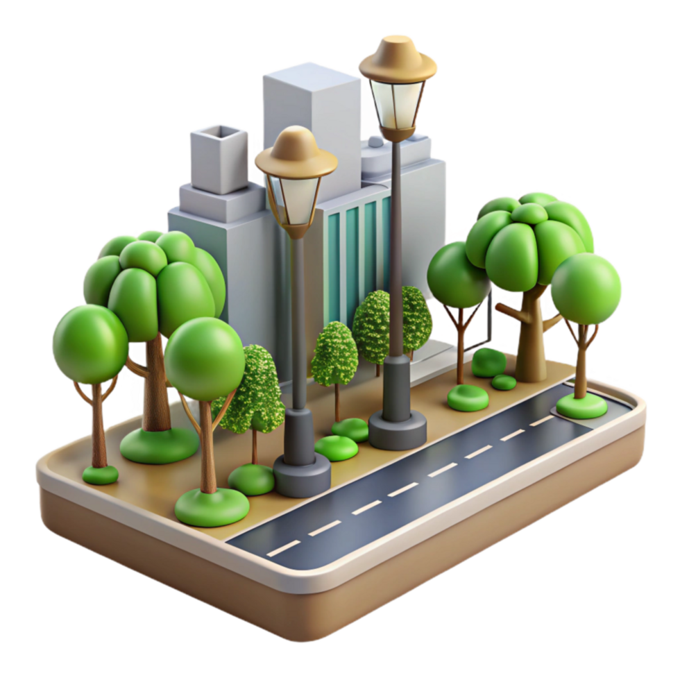 Urban Cityscape 3D Model of Street, Buildings, and Trees png