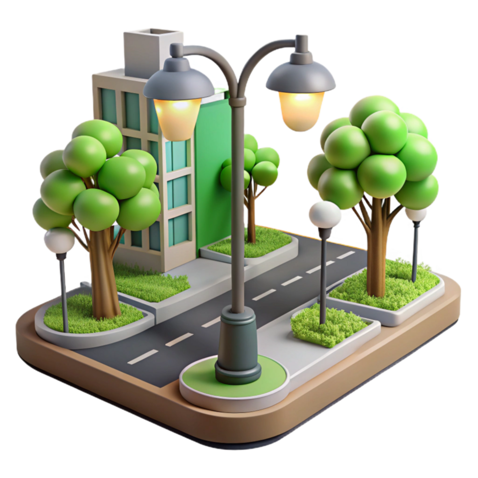 3D Cityscape Model Urban Street Scene with Trees and Lighting png