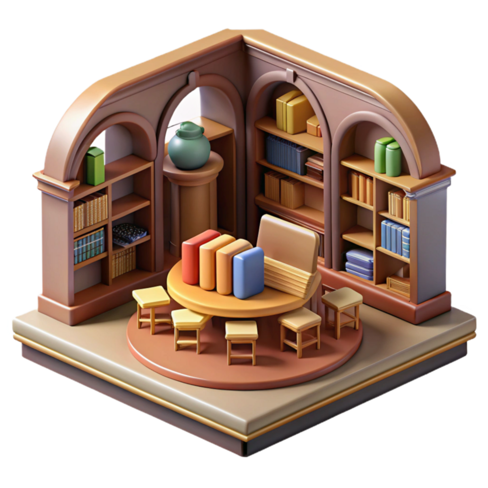 Cozy Reading Room Books, Table, and Chairs in a 3D Isometric Library Setting png