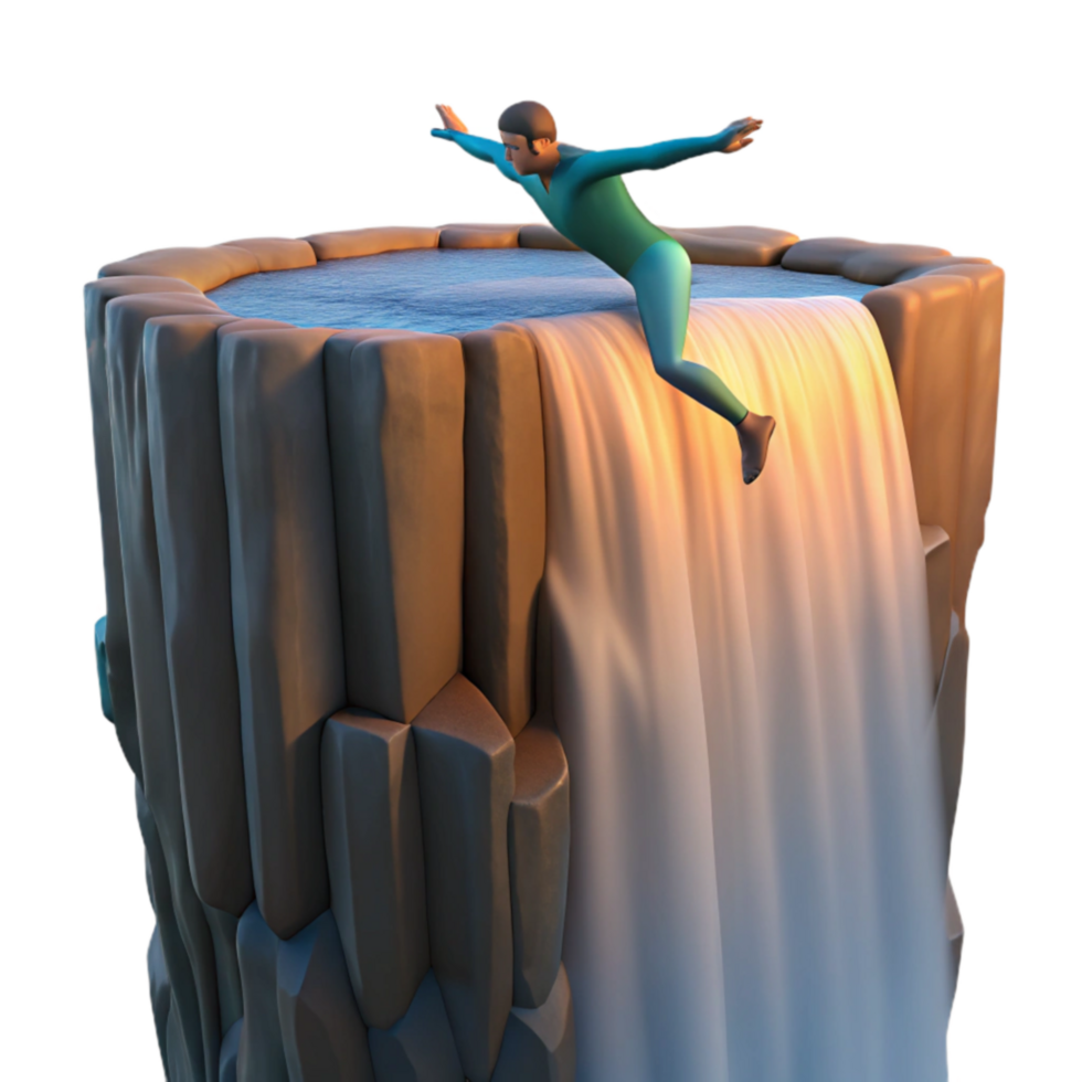 Cliff Diving into Waterfall A 3D Render png