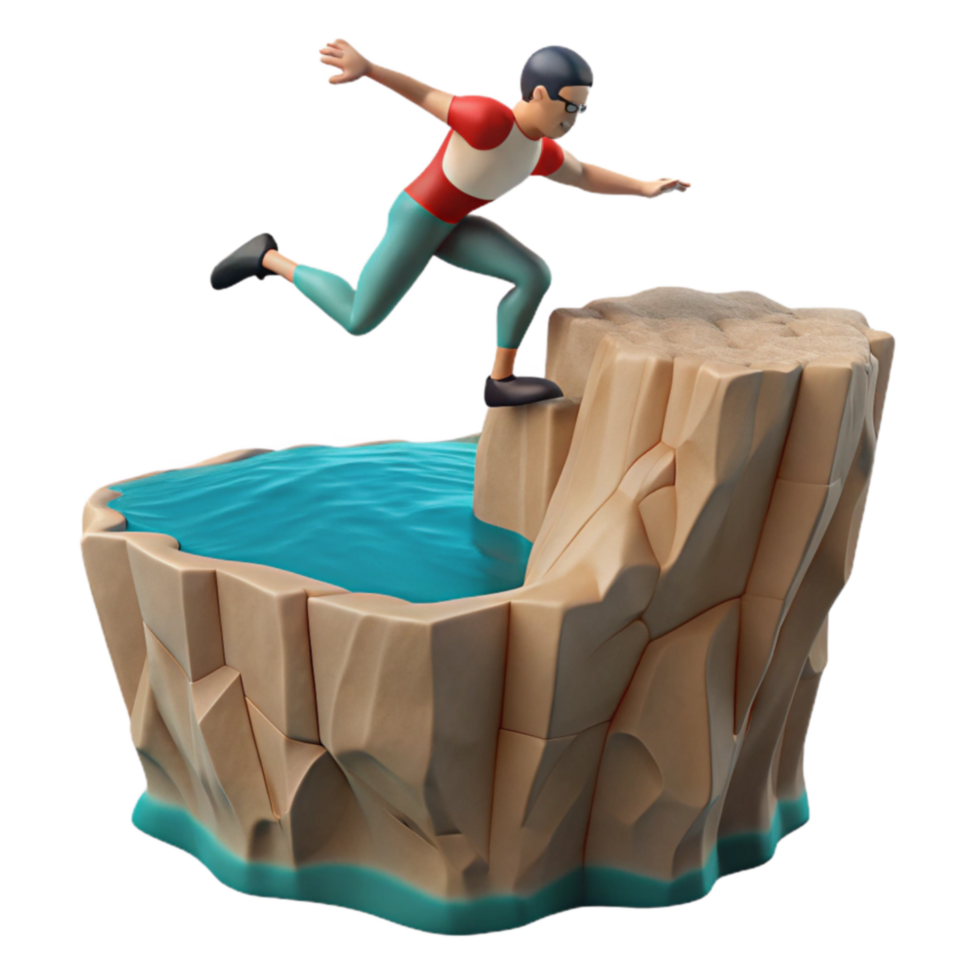 3D Render of Person Jumping Cliff into Water png