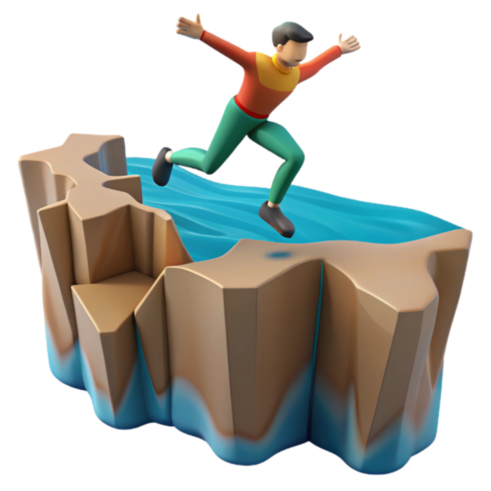 3D Cartoon Figure Leaping Across Gap png