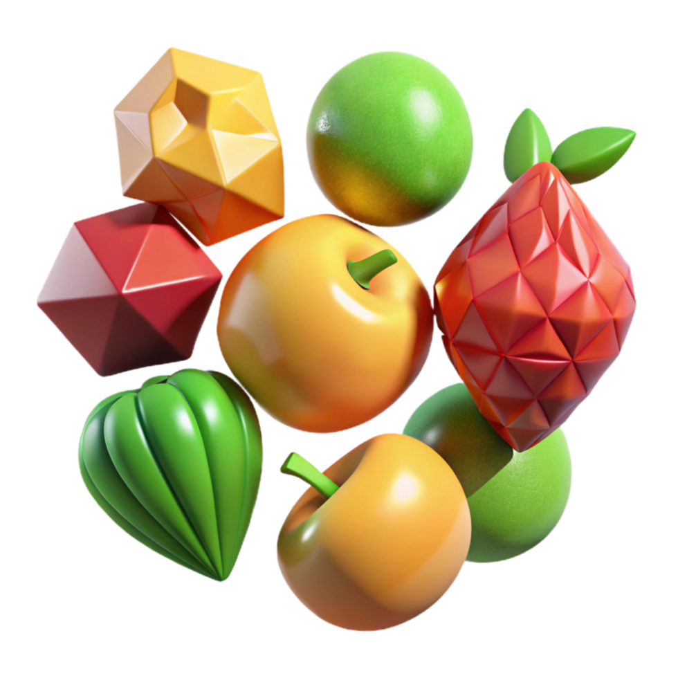 Geometric Fruit Cluster 3D Render of Shiny Apples, Limes, and Abstract Shapes png