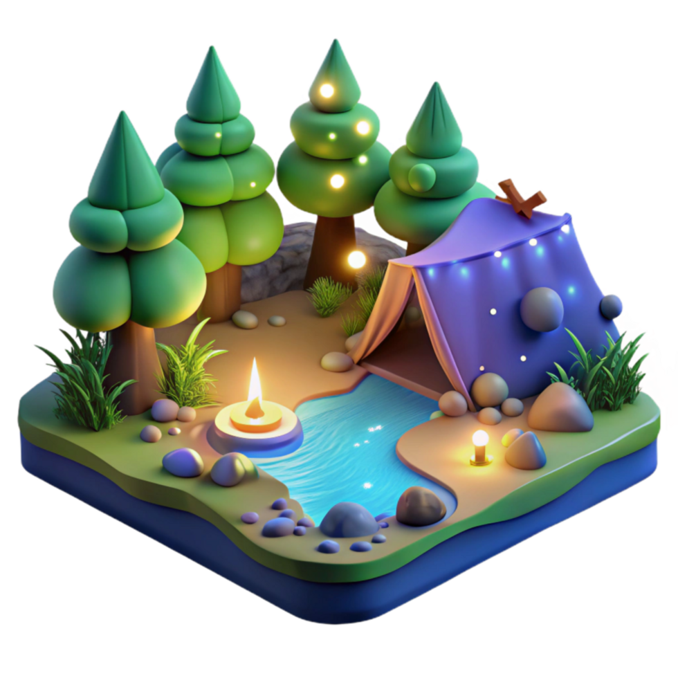Enchanted Camping Scene 3D Render of Nighttime Forest Campsite png