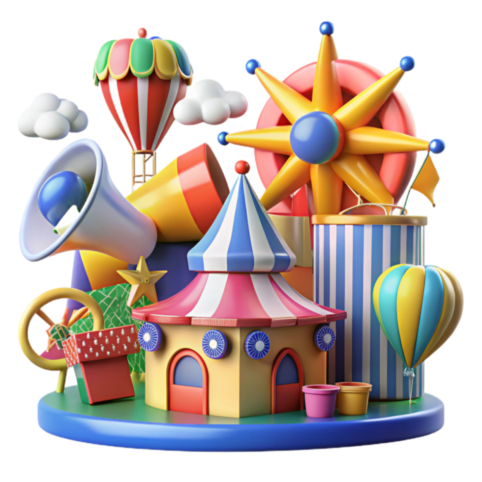 Whimsical Carnival Funhouse 3D Render of Festive Fairground png