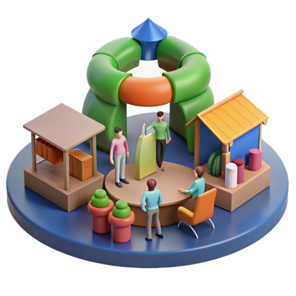 3D Render of a Vibrant Marketplace with Shoppers and Vendors png