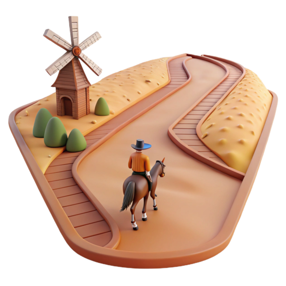 Rider on Horseback, Winding Path, Windmill Landscape png