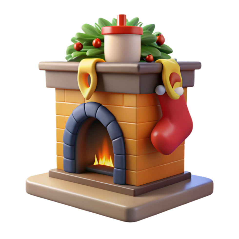 Cozy Christmas Fireplace 3D Render Festive Holiday Scene png