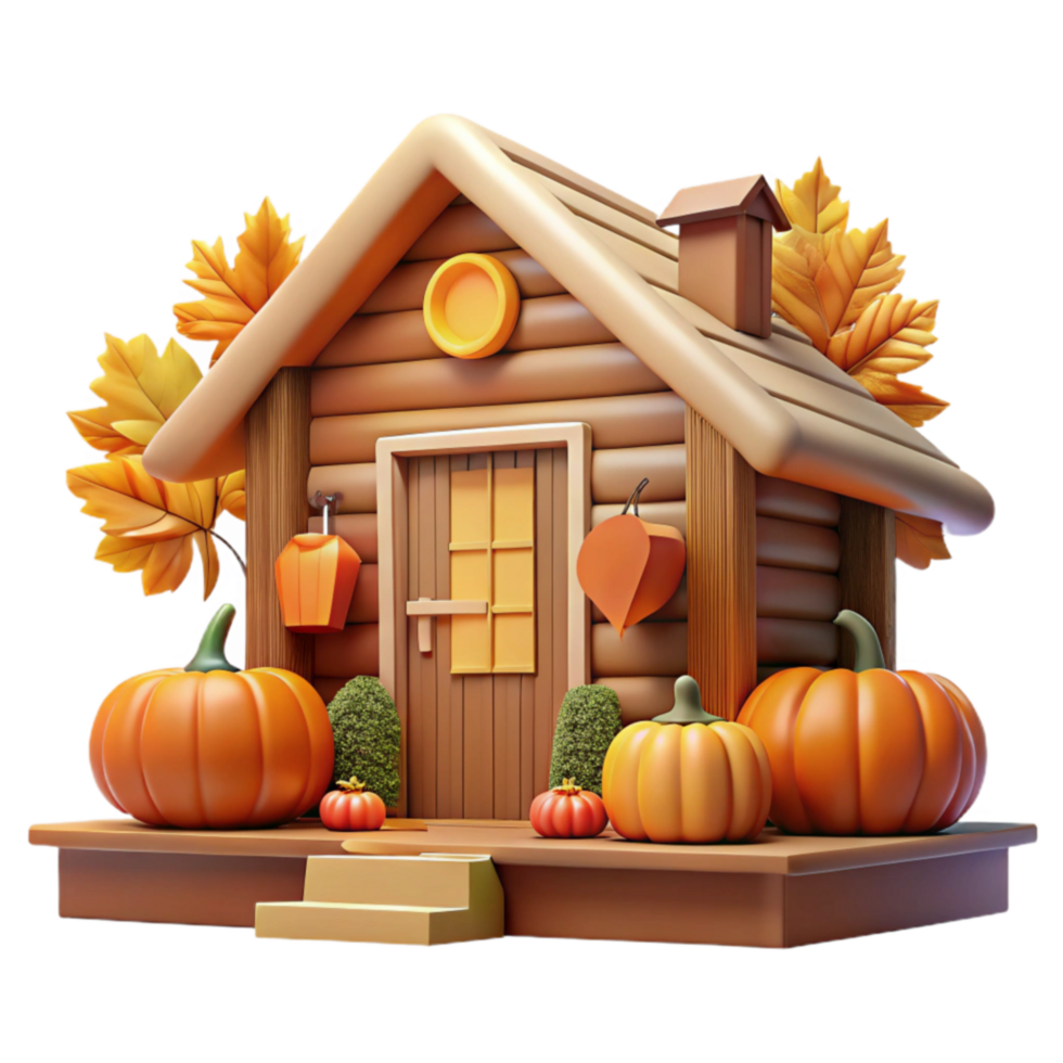 Autumn Cabin with Pumpkins and Fall Leaves png