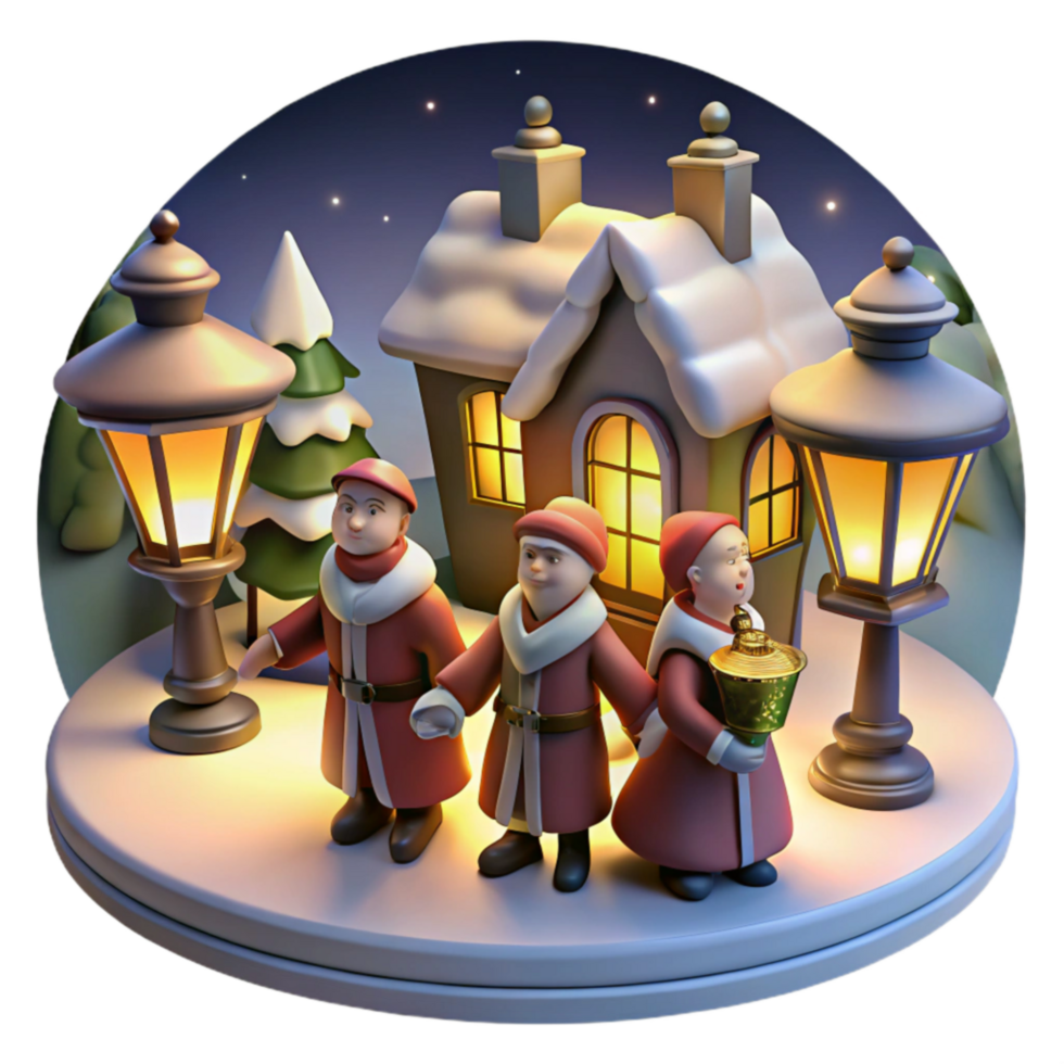 Winter Holiday Carolers 3D Render Festive Cottage Scene png