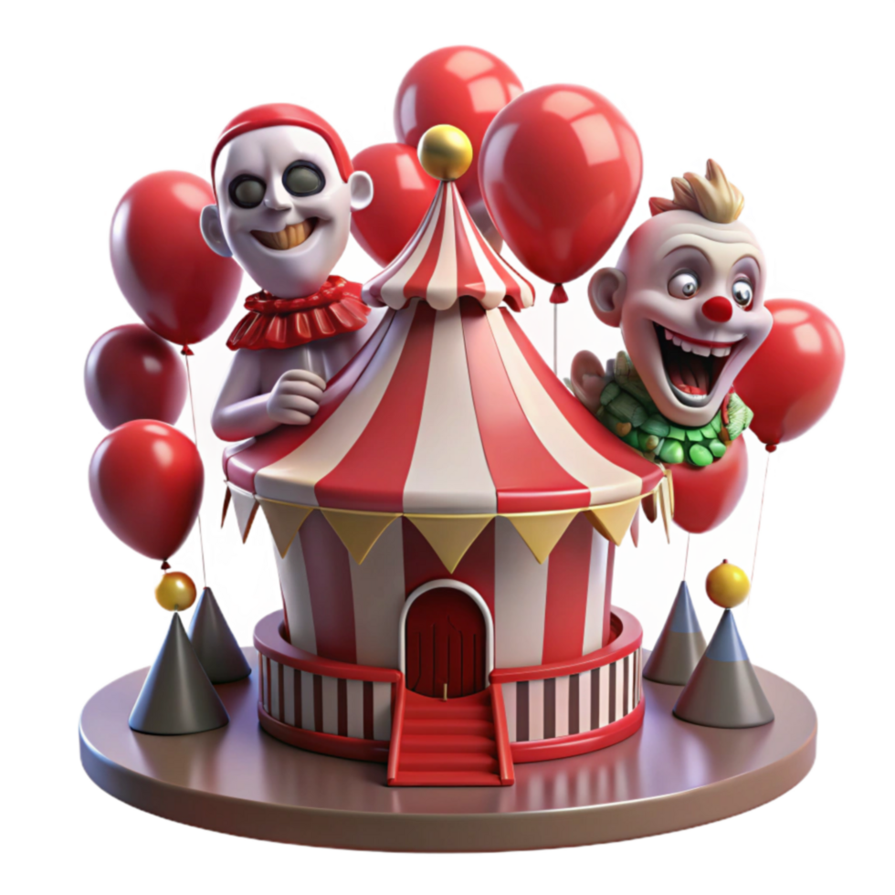 Creepy Carnival 3D Render of Two Jester Figures and a Tent png
