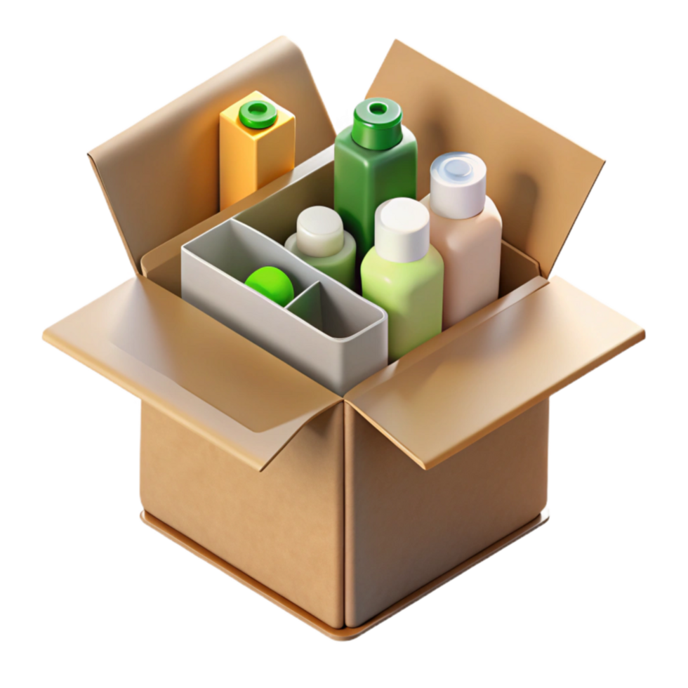 Organized Product Packaging in Cardboard Box png