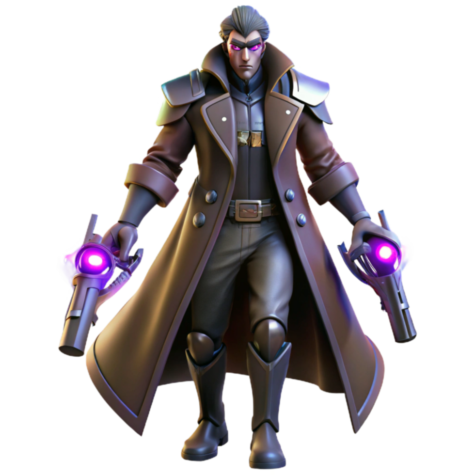 Mysterious Villain in Long Coat with Futuristic Weapons png