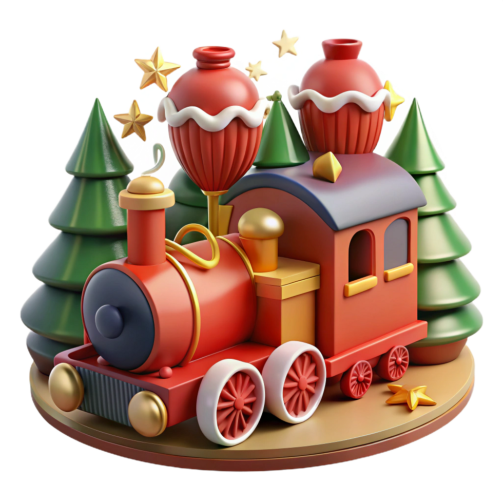 Festive 3D Christmas Toy Train with Trees png