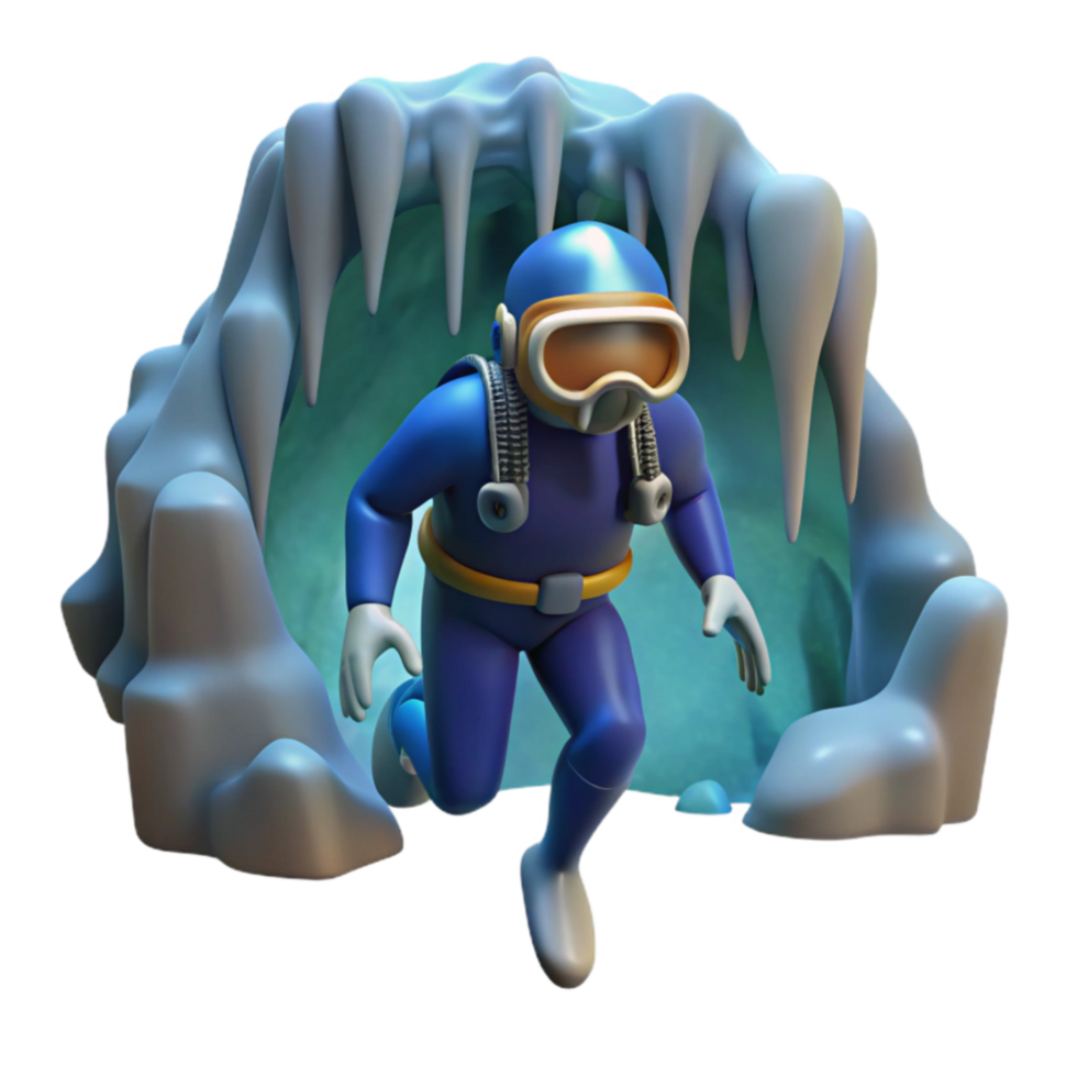 Diver Exploring Underwater Cave 3D Render png