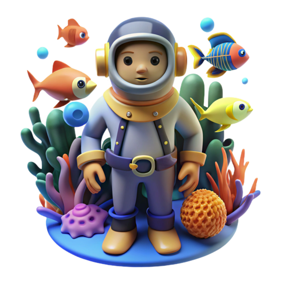 3D Render Adorable Diver Exploring Ocean Reef png