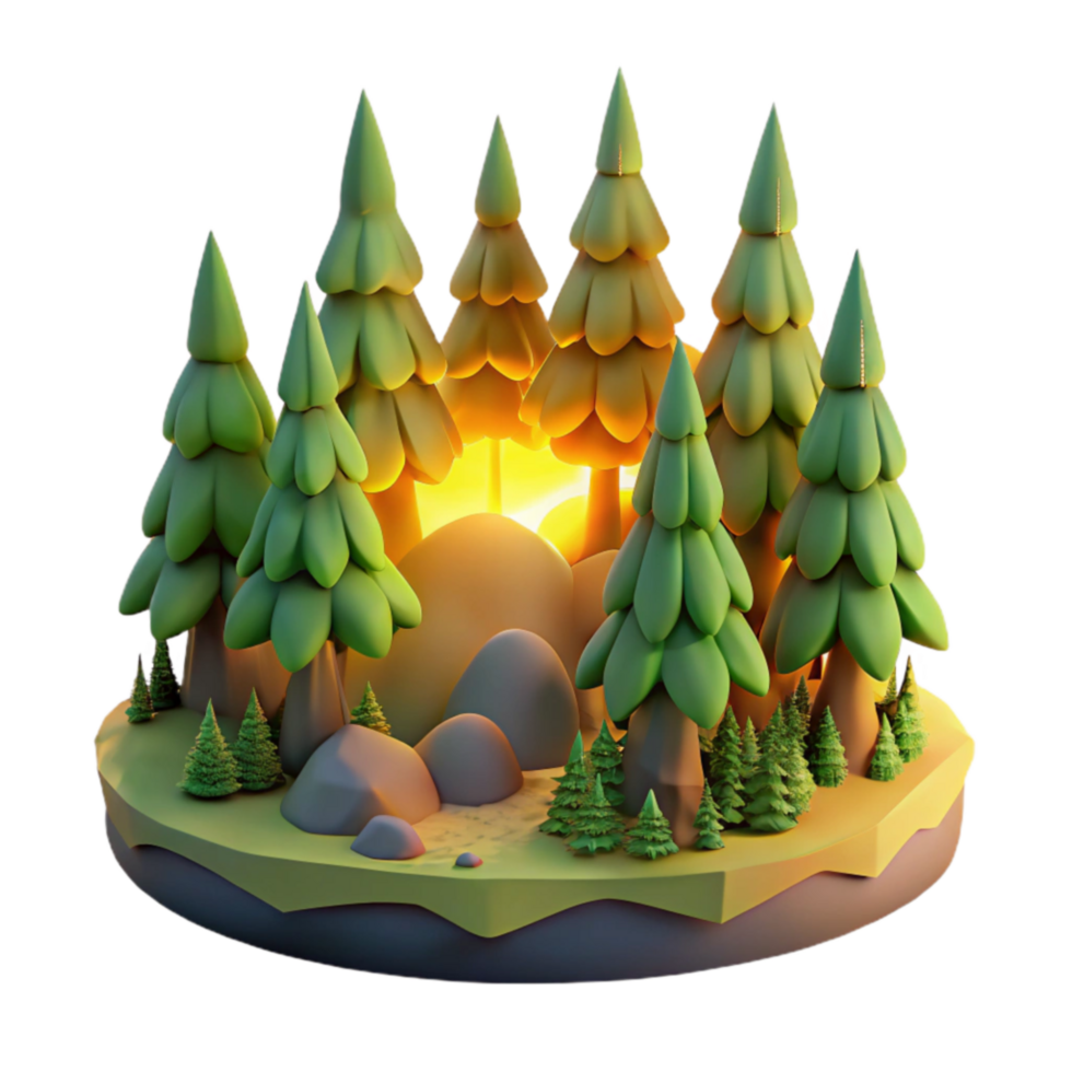 Sunset in a Stylized Forest 3D Render of Cartoon Trees and Rocks png