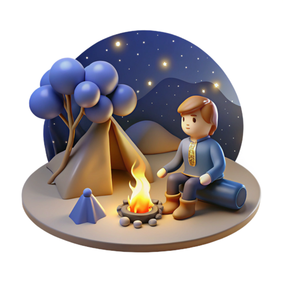 Night Camping 3D Render of Person by Campfire png