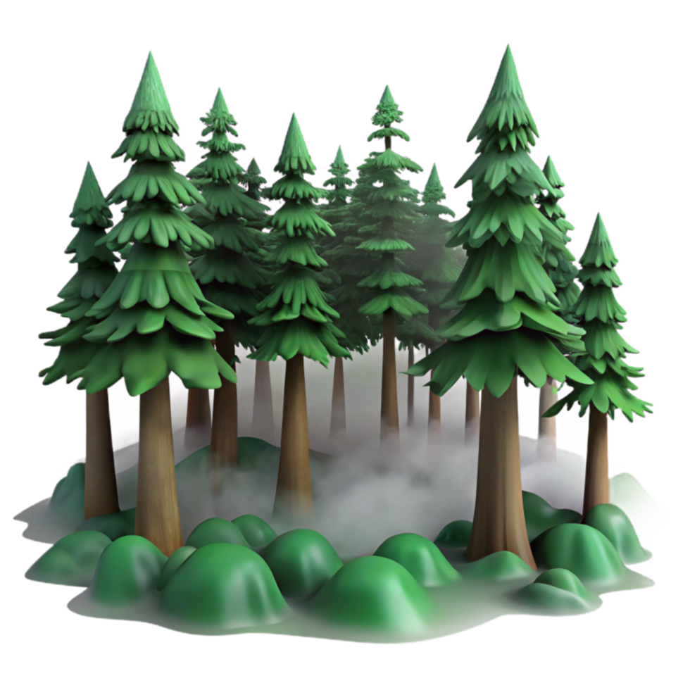 Misty Evergreen Forest 3D Render of Coniferous Trees png