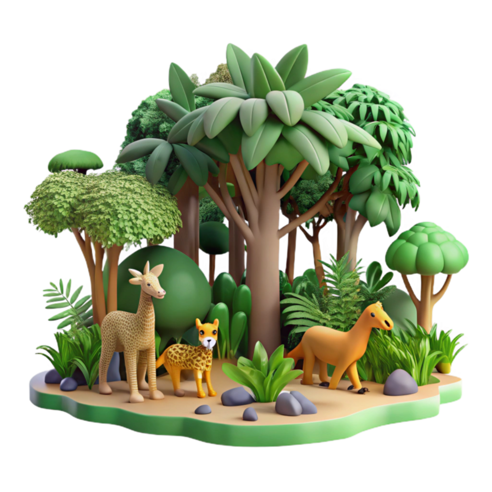 Jungle Animals in Lush 3D Forest Scene png
