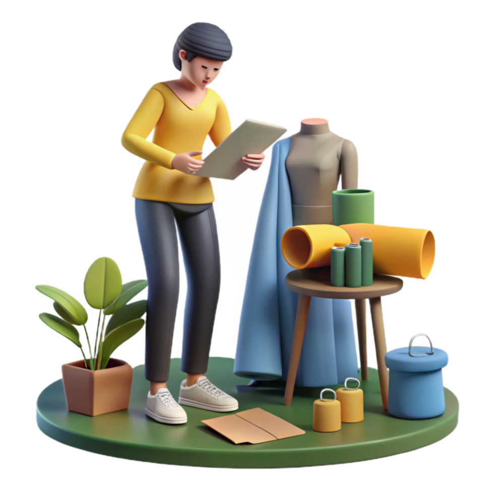 Fashion Designer Reviewing Designs with Fabric Swatches png