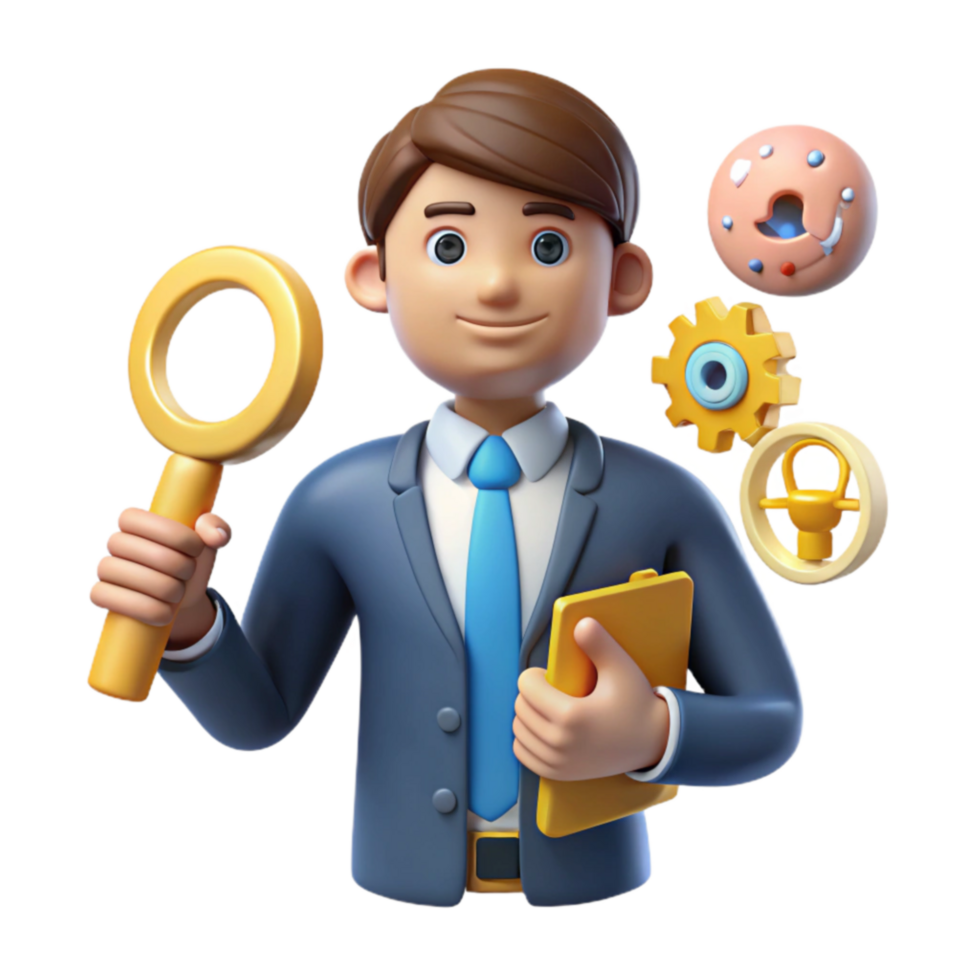 Businessman with Magnifying Glass, Gears, and Cell Research, Analysis, and Strategy png