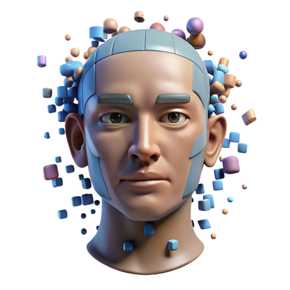 Digital Head 3D Model, Metaverse Avatar, AI Art, Virtual Reality, Augmented Reality, Cyberpunk Aesthetic, Stylized Portrait, Abstract Background, Digital Sculpture png