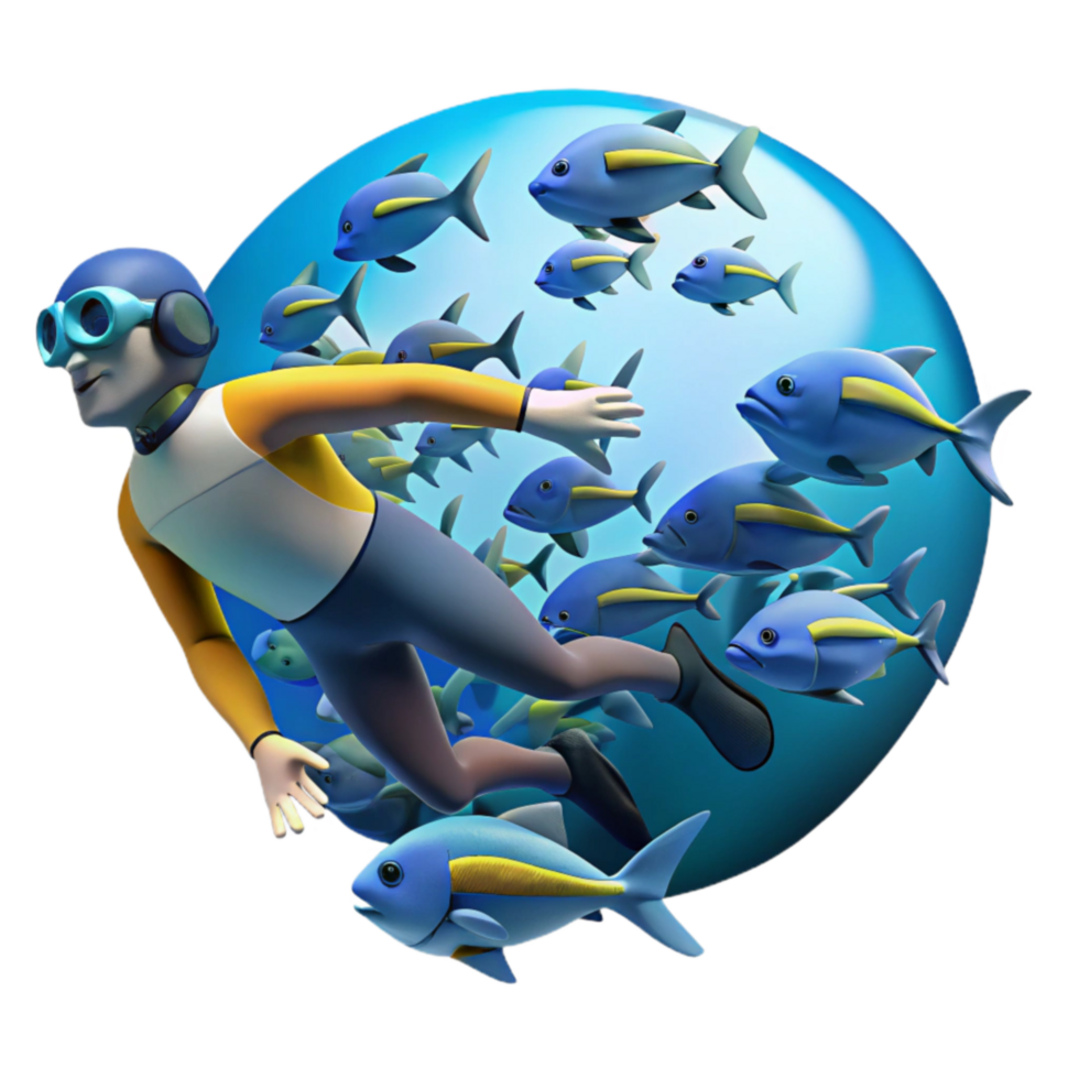Ocean Diver Surrounded by Fish Underwater Adventure png