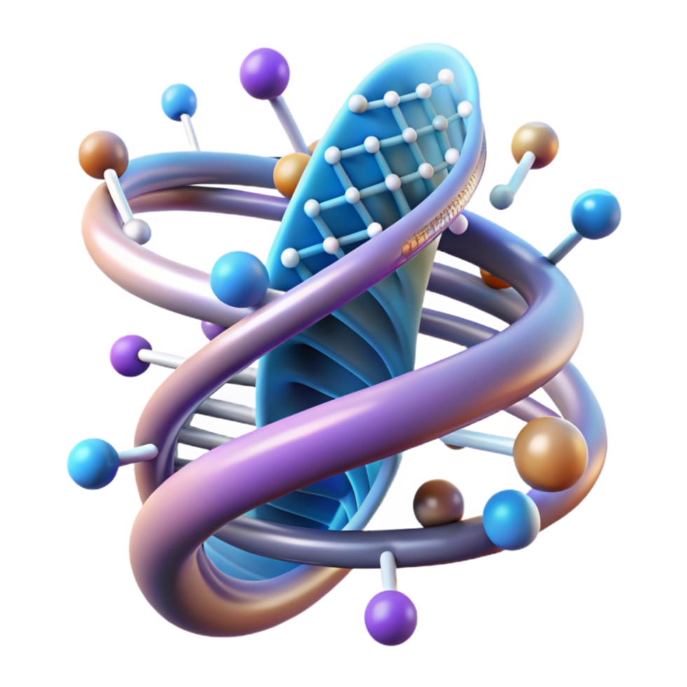 Abstract Molecular Structure 3D Render of Intertwined Helix and Atoms png