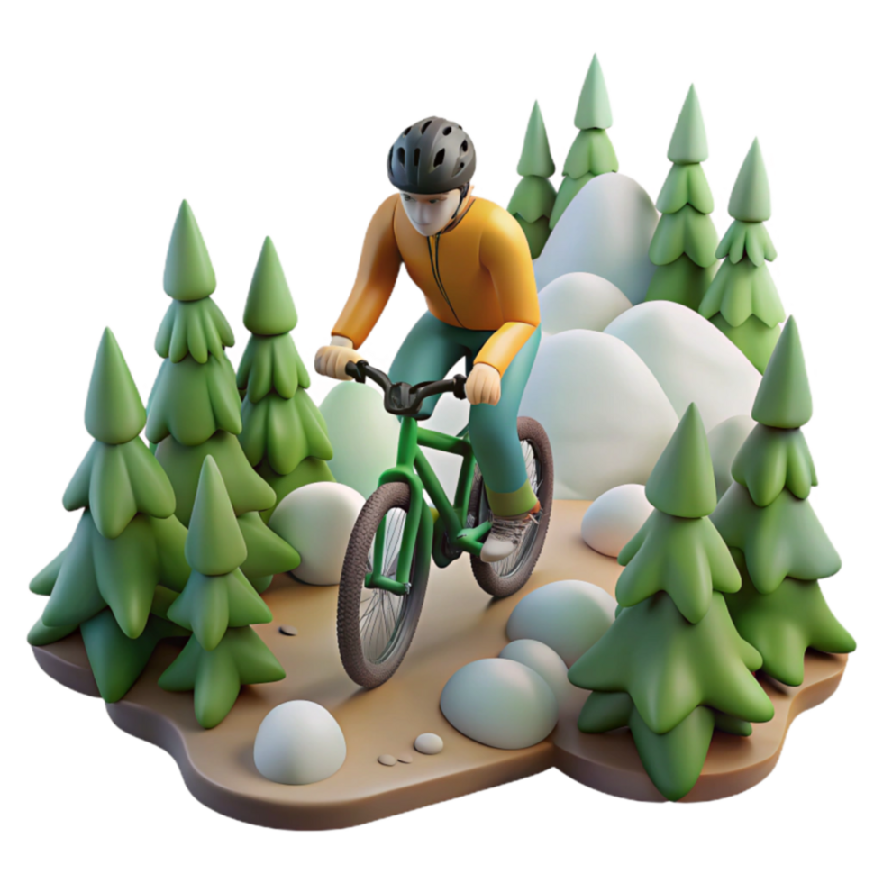 Mountain Biking Adventure 3D Render of Cyclist on Trail png