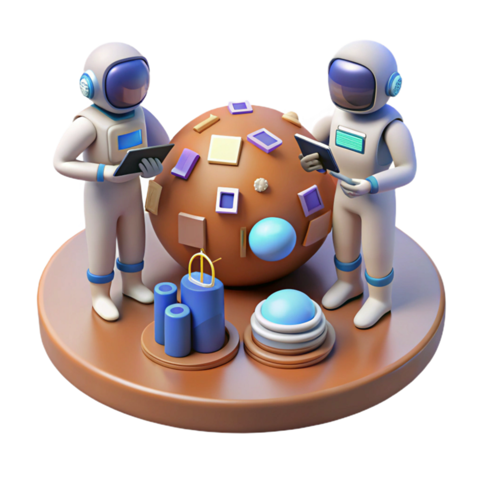 Astronauts Exploring a Planetary Surface with Data Tablets png