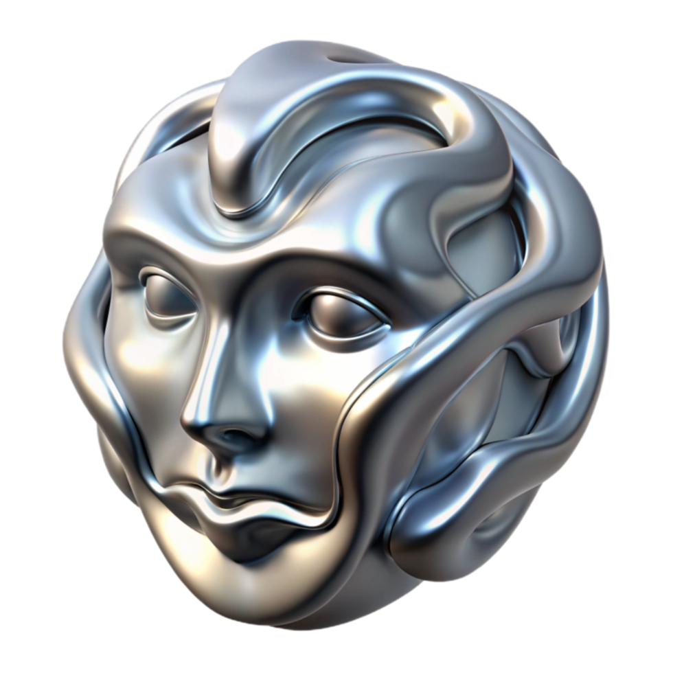Abstract Metallic Face Sculpture 3D Render of a Fluid, Organic Head png