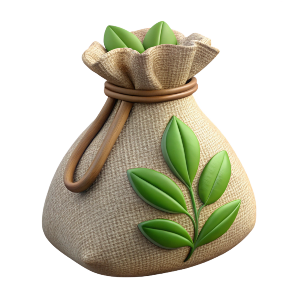 Eco Friendly Burlap Sack with Leaves Sustainable Packaging Concept png