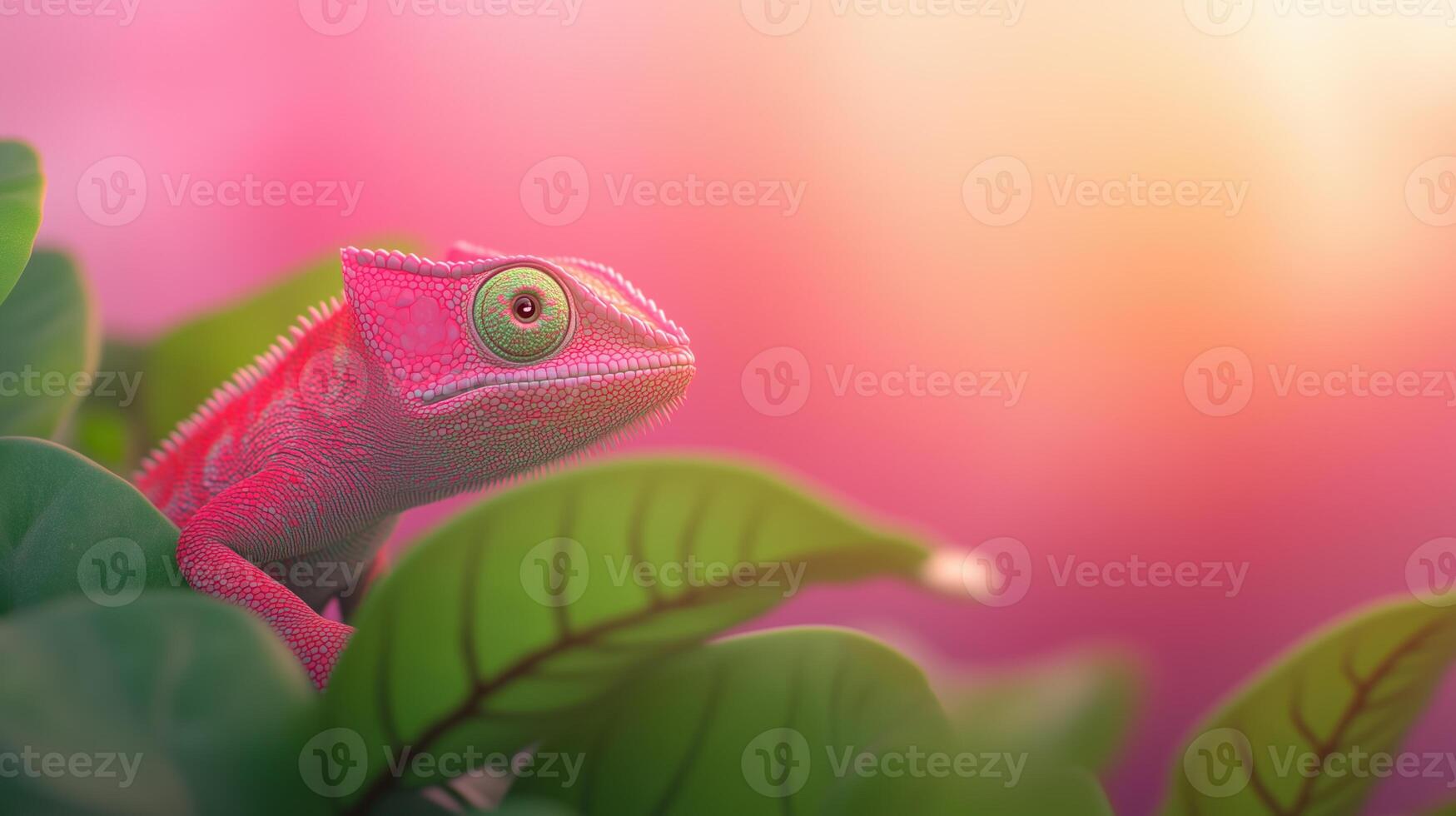 Pink Chameleon Blending into Lush Greenery in Vibrant Rainforest with Sunlight Bokeh for Nature and Wildlife Photography Concept, Highlighting Colorful Camouflage and Tropical Environment photo