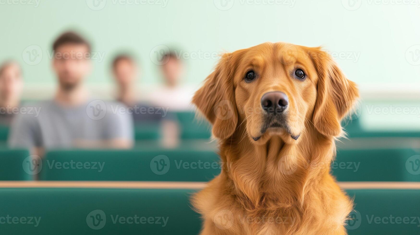 Service Dog in University Classroom with Attentive Students in Background for Educational and Assistance Themes photo