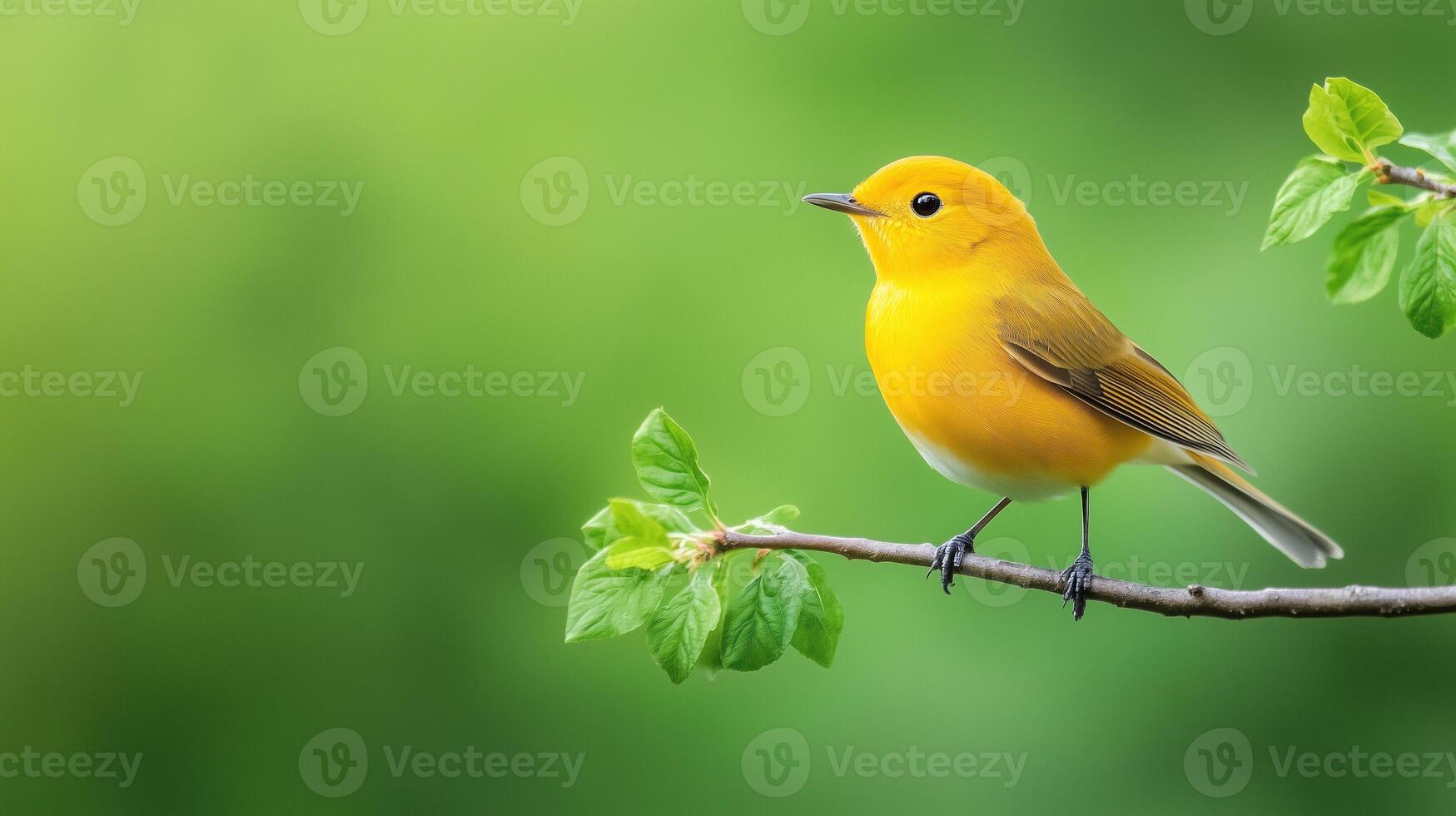 Bright Yellow Bird Singing on Tree Branch with Lush Green Background, Capturing Nature's Elegance in a Springtime Scene with Vibrant Colors and Serene Atmosphere photo